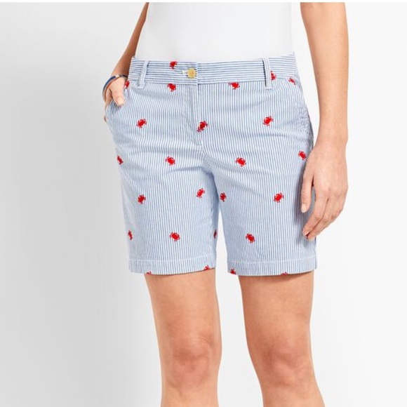 Talbots | Girlfriend Chinos Blue White Pinstripes Embroidered Red Crabs Size 8 - Picture 1 of 11